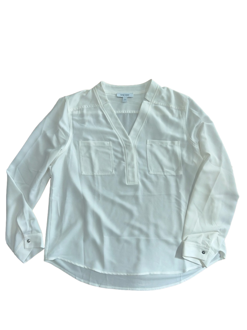 Nine West: Cream V-Neck Pocket Blouse: Size Large